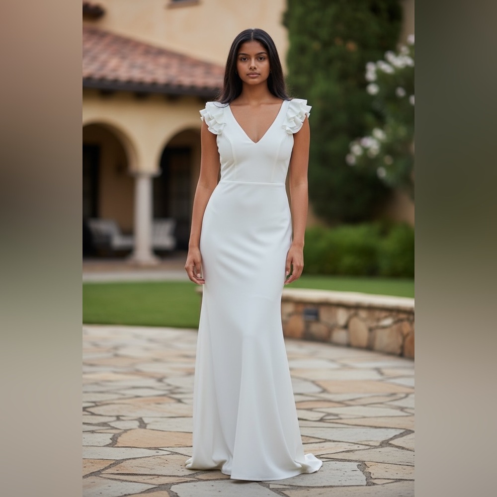 Ekaliy - NWT - Elegant White Ruffle Sleeve Dress